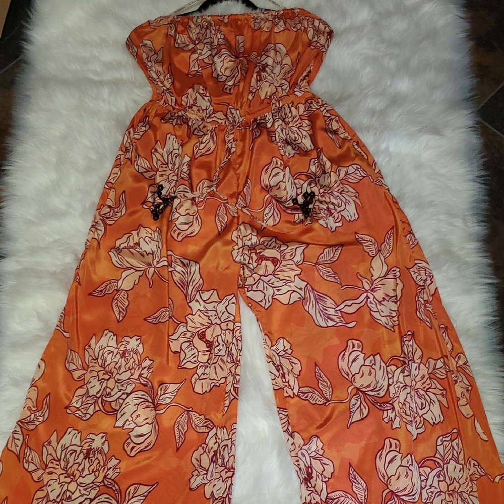 Strapless Orange Floral Wide-Leg Jumpsuit